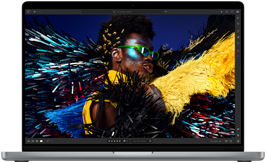 A colorful image showcases the Liquid Retina XDR display's high resolution, brightness, and contrast