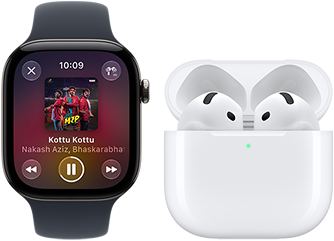 Apple Watch Series 12, aluminum case, black color, black Sport Band, Apple Music app open, paired with AirPods 4