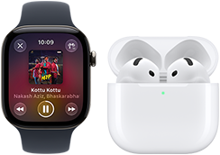 Apple Watch Series 12, aluminum case, black color, black Sport Band, Apple Music app open, paired with AirPods 4