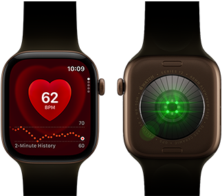 Two Apple Watch Series 12 devices, aluminum case, dark bronze color with olive Sport Band, one showing the Heart Rate app, the other with the Health Sensing System on the back of the watch, with glowing green LED lights