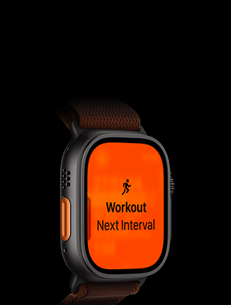 Apple Watch Ultra 4, titanium case, black color, Running workout, next interval, left side exterior, orange Action button, Alpine Loop band