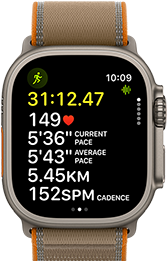 Apple Watch Ultra 4, titanium case, natural color, advanced Outdoor Run workout metrics, right side exterior, Digital Crown, raised side button, Trail Loop band, sand color