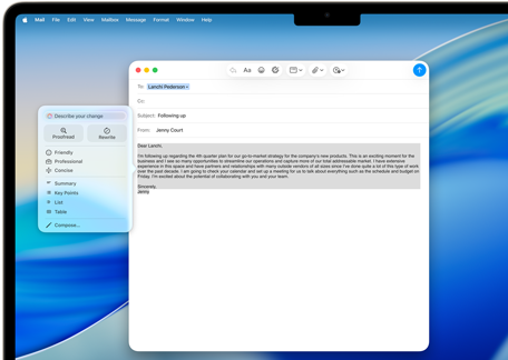 MacBook Air screen showing Apple Intelligence Writing Tools composing an email