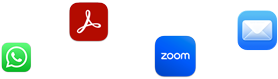 A variety of app icons in a scattered array including Slack, Zoom, Mail, and more