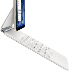iPad Air, Starlight color, attached to Magic Keyboard, white color, side exterior